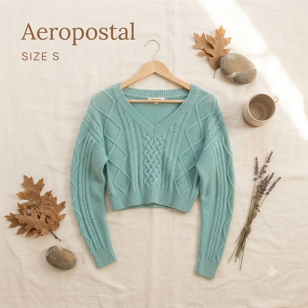Aeropostale Cable Knit Cropped V-Neck Sweater Women's Blue-Green Size S